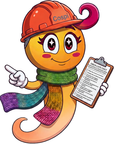 Cospi, la mascotte du CSE, casque de chantier sur la tête, la check-liste CSSCT à la main